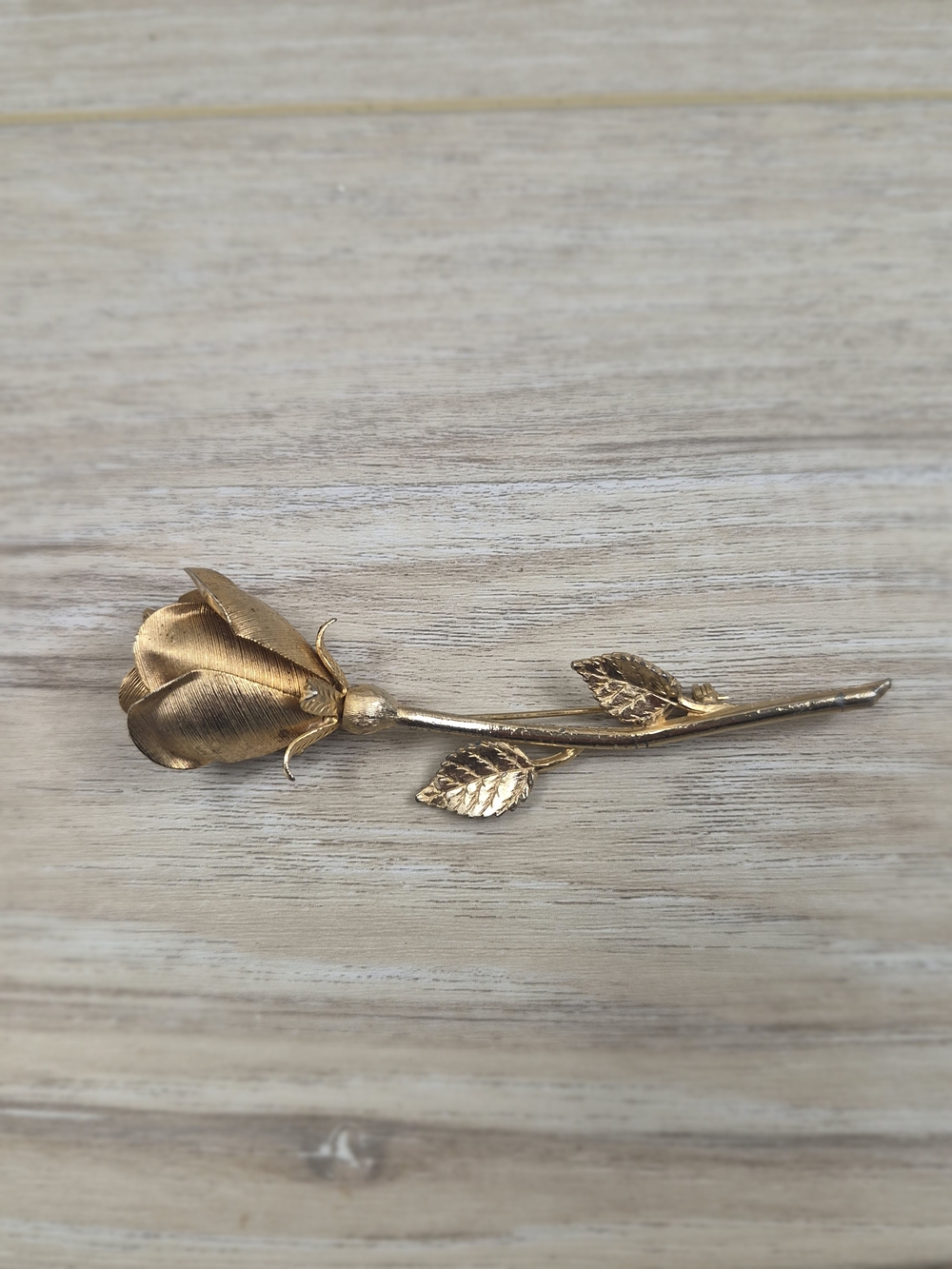 Vintage 1960s Gold Tone Long Stem Rose Brooch Pin Brushed Florentine